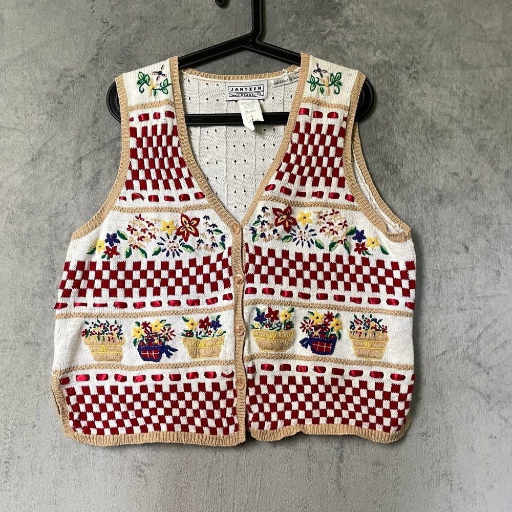 Vintage Jantzen Sweater Vest XL Hand Embroidered Floral Cottagecore Granny Knit